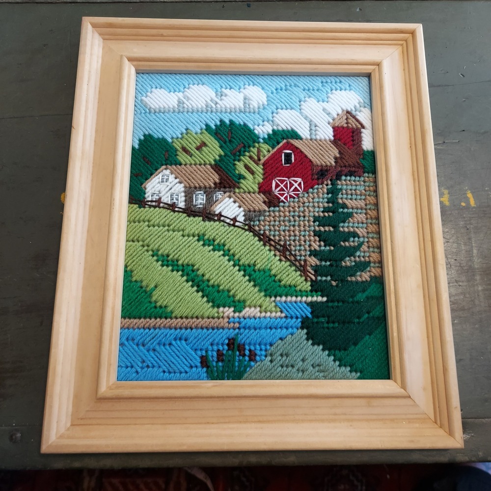Vintage Style Framed Needlepoint Farm Landscape Red Barn Country Wall Art 13x11